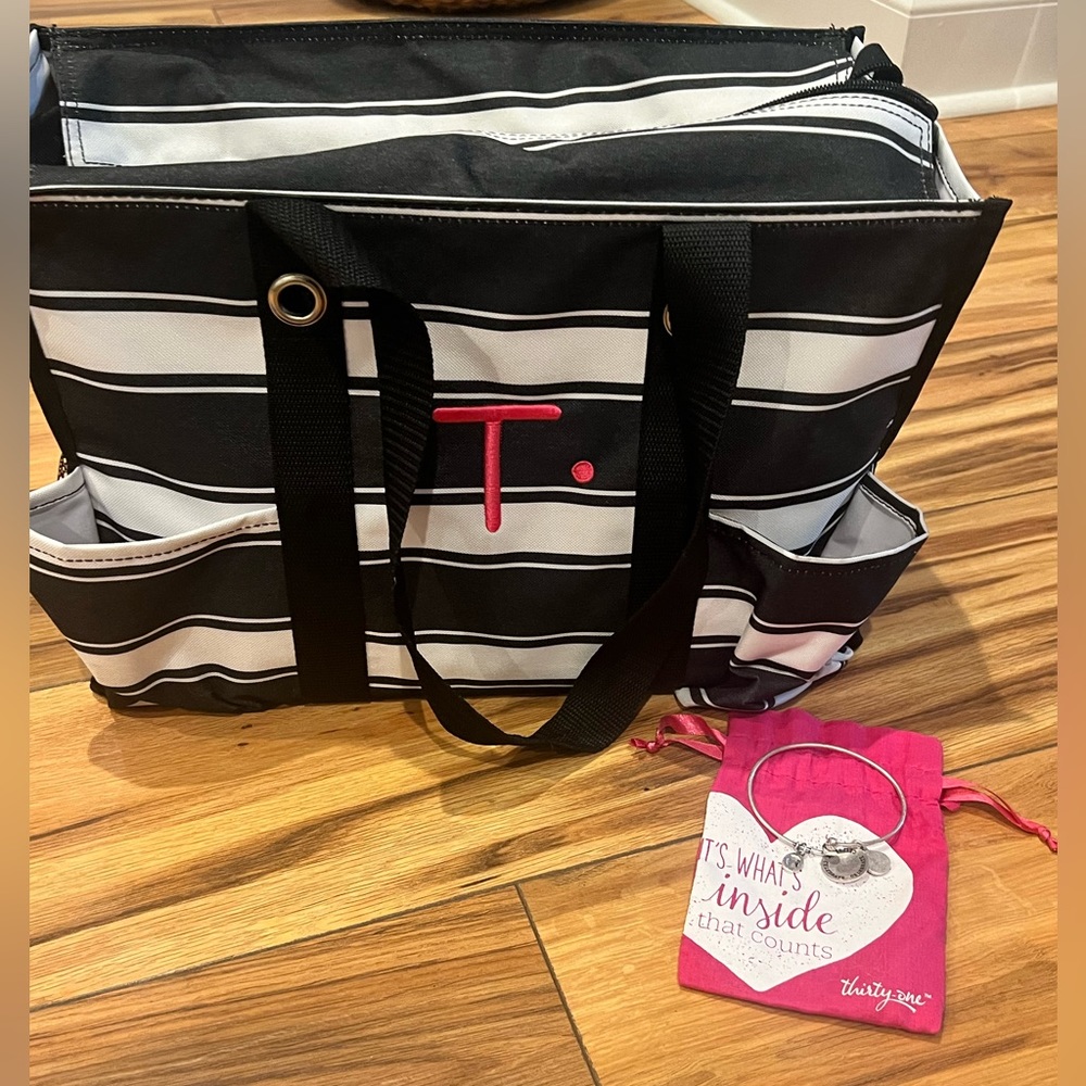 Monogrammed Thirty-one zip top organizing tote with bracelet